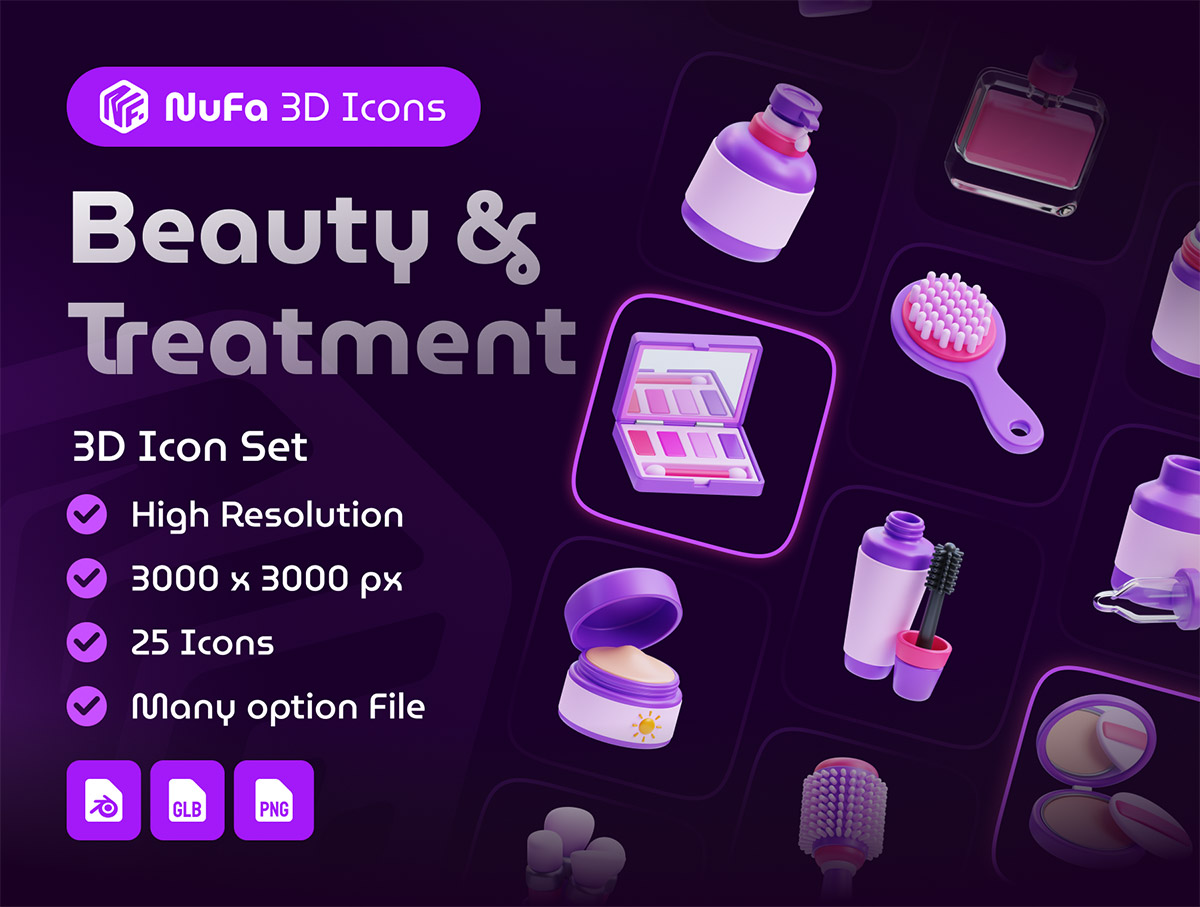 Beauty & Treatment 3D Icon Set  25款化妆品护肤品美容美发防晒补妆插图3D图标icon设计素材png免抠图片