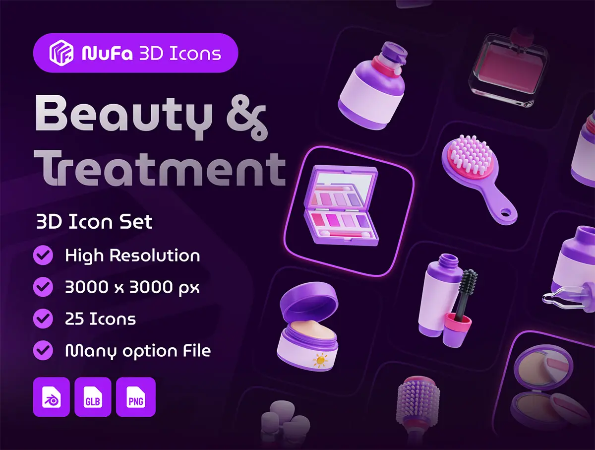 Beauty & Treatment 3D Icon Set 25款化妆品护肤品美容美发防晒补妆插图3D图标icon设计素材webp免抠图片