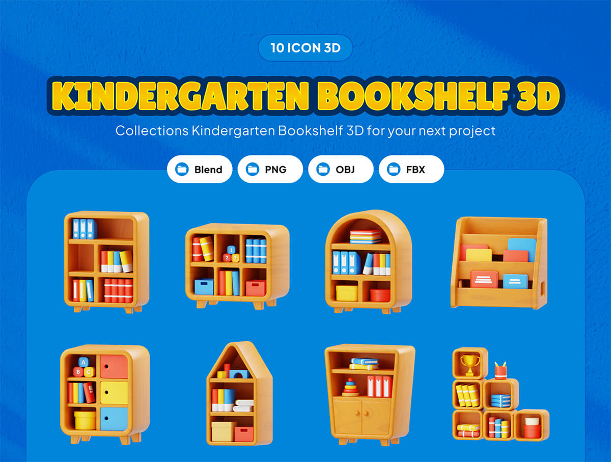 Bookshelf 3D Icon  10款趣味卡通3D立体学习教育书架书房陈设家具icon图标png免抠图片素材