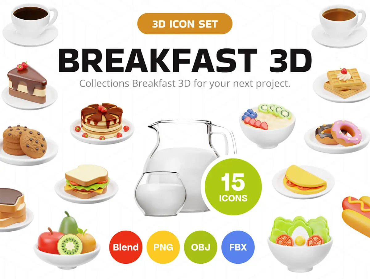 Breakfast Food And Drink 3D Icon  15款食物美食甜品主题插图3D立体图标icon设计素材