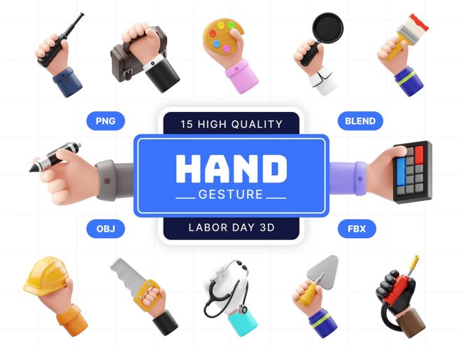 Hand Gesture Labor Day 3D Icon  15款3D卡通职场手势手持职业工具行业插图插画png免抠图片素材