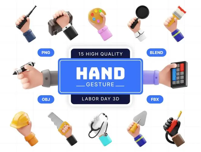 Hand Gesture Labor Day 3D Icon  15款3D卡通职场手势手持职业工具行业插图插画webp免抠图片素材