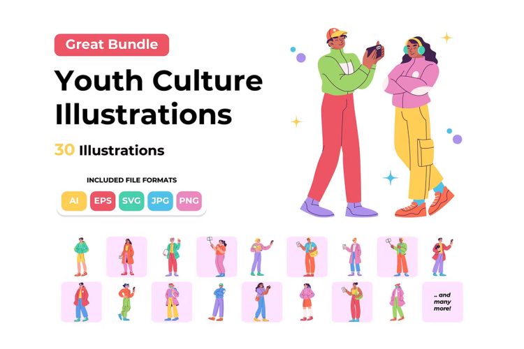 Great Bundle Youth Culture Vector Illustrations  30幅平面卡通角色举手打招呼问好示意手势矢量插图插画设计素材