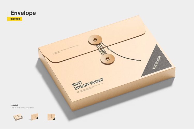 Kraft Envelope Box Mockup 商业文件文档信封档案牛皮纸绕绳盒模型品牌logo标识设计贴图ps样机素材