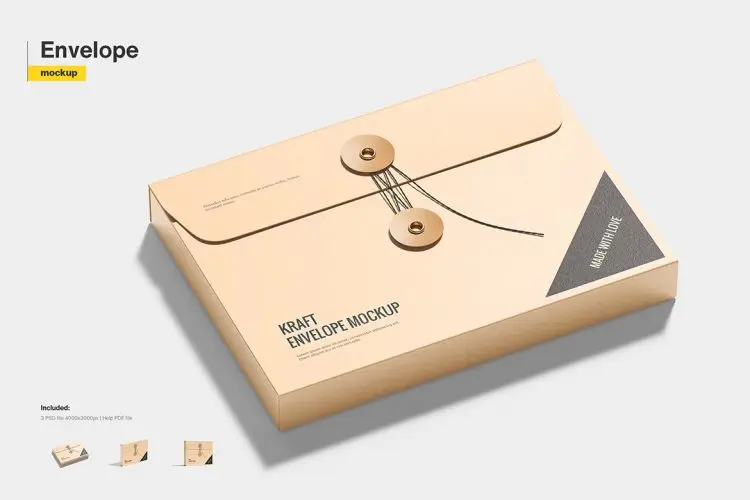 Kraft Envelope Box Mockup 商业文件文档信封档案牛皮纸绕绳盒模型品牌logo标识设计贴图ps样机素材