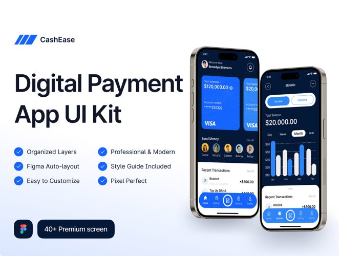 CashEase – Digital Payment App UI Kit  40多屏现代移动数字银行金融交易转账支付App应用ui界面设计fig套件模板