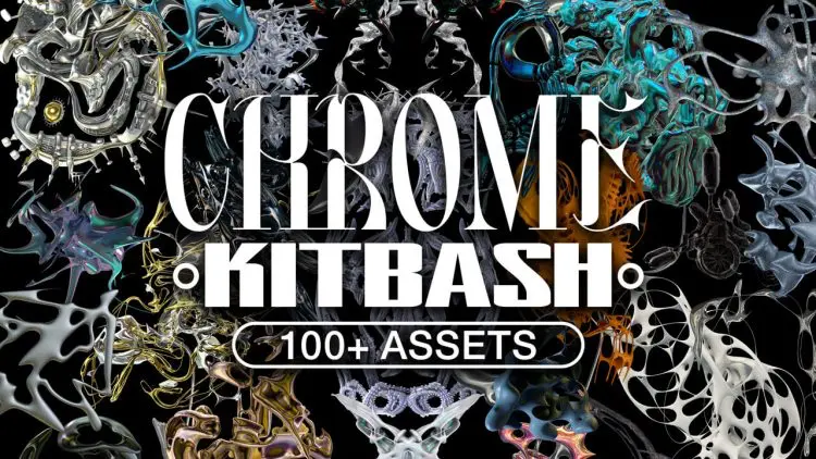 Chrome Kitbash 118款3D未来科幻镀铬赛博朋克抽象艺术液态金属webp免抠图片素材