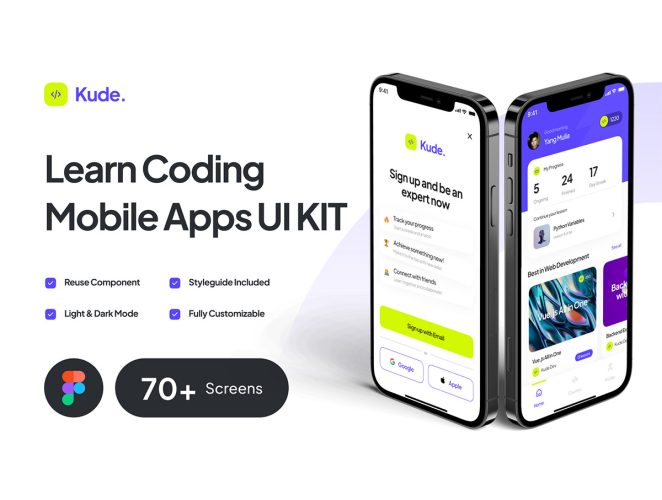 Kude – Learn Coding Mobile Apps UI Kit  70多屏双配色时尚简约在线教育编程学习课程App应用ui界面fig套件模板