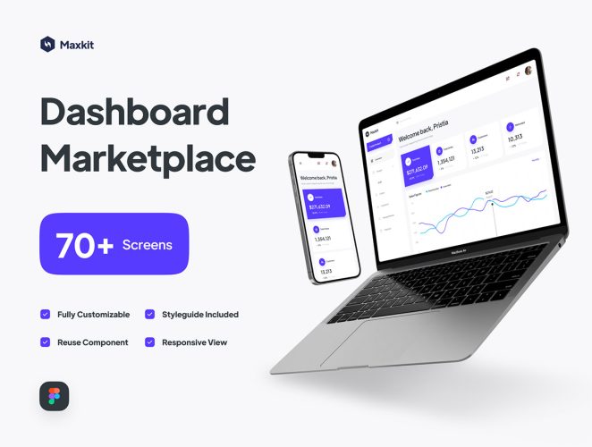 Maxkit – Marketplace Dashboard UI Kit  70+屏现代极简电商销售数据统计市场信息分析仪表盘用户界面设计Figma模板