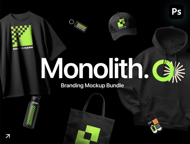 Monolith – Branding Mockup Bundle  12款品牌VI应用服装卫衣帽子卫裤T恤包袋水杯文具吊牌ps样机素材