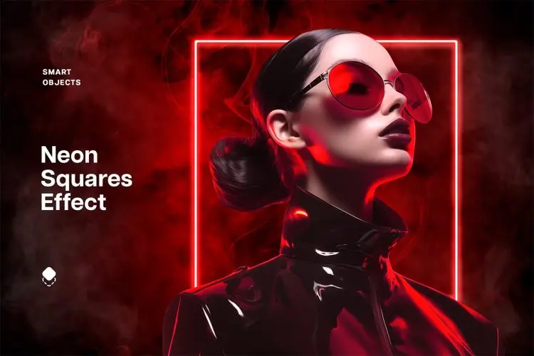 Red Neon Squares Effect 红色霓虹灯光烟雾背景特效ps样机素材模板