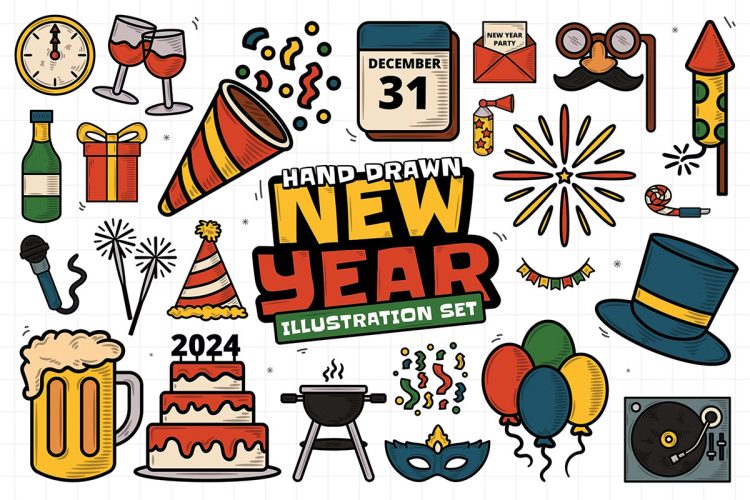 Hand Drawn New Year Set  24款手绘卡通新年节日派对庆祝高饱和绘画插图插画Ai矢量设计素材