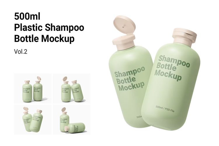 500ml Squeeze Shampoo Bottle Mockup Vol.2  4款极简500ml洗发水香波洗护系列塑料瓶包装瓶PSD样机