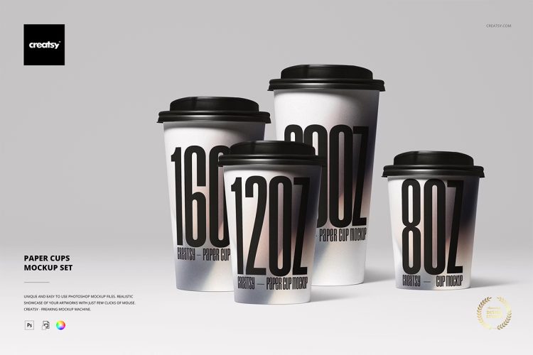 Paper Cups Mockup Set 多规格一次性咖啡奶茶冷热饮杯纸杯包装设计ps样机素材展示效果图