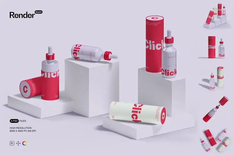 Glass Bottle and Paper Tube Mockups  6款极简化妆品护肤品玻璃瓶精华瓶纸盒纸管纸筒PSD包装样机套装