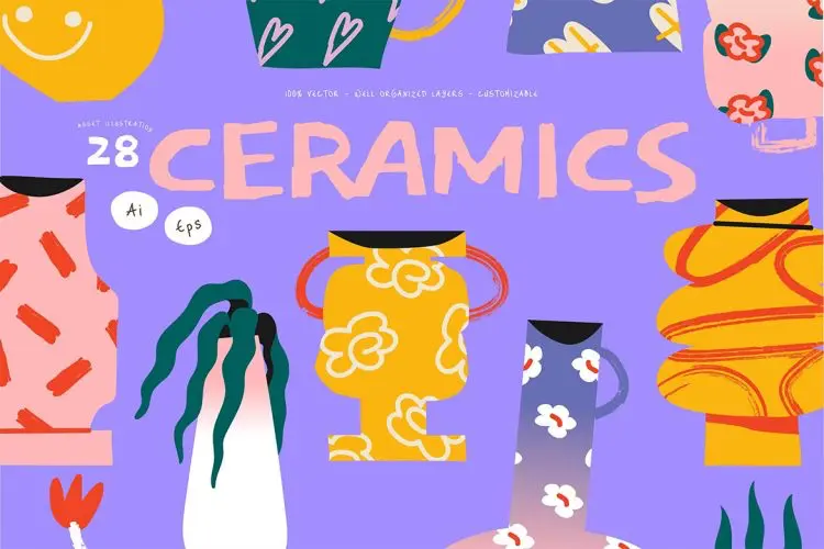 Purple Ceramics Illustration Set 手绘扁平陶瓷艺术作品插图插画AI矢量设计素材