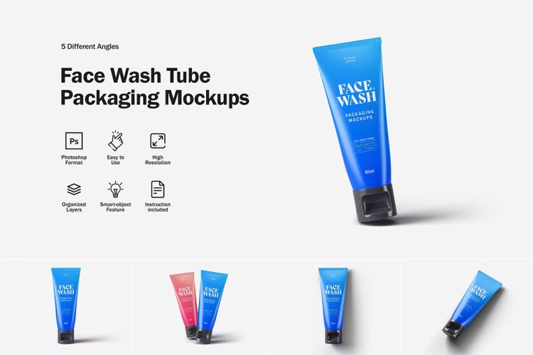 Face Wash Tube Packaging Mockups 软管洗面奶模型品牌包装设计贴图ps样机素材