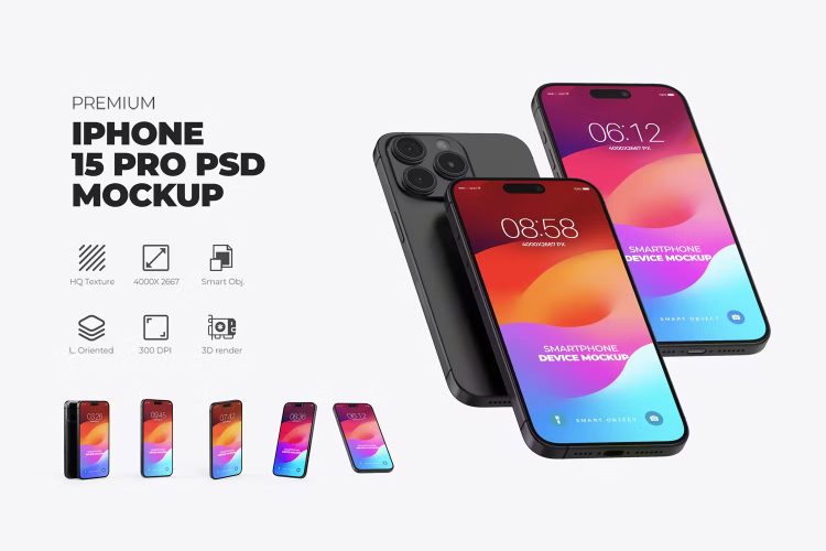 iPhone 15 Pro UI/UX Screen Mockup 苹果15 Pro手机模型屏幕展示设计贴图ps数码样机素材