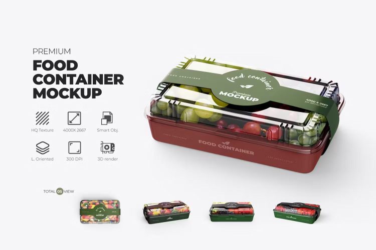 Transparent Food Container Box Mockup 蔬果零售透明塑料包装盒腰封logo标识设计贴图ps样机素材