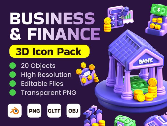 Business & Finance 3D Icon Pack  20款3D立体卡通商业金融银行支付插图插画icon图标png免抠图片