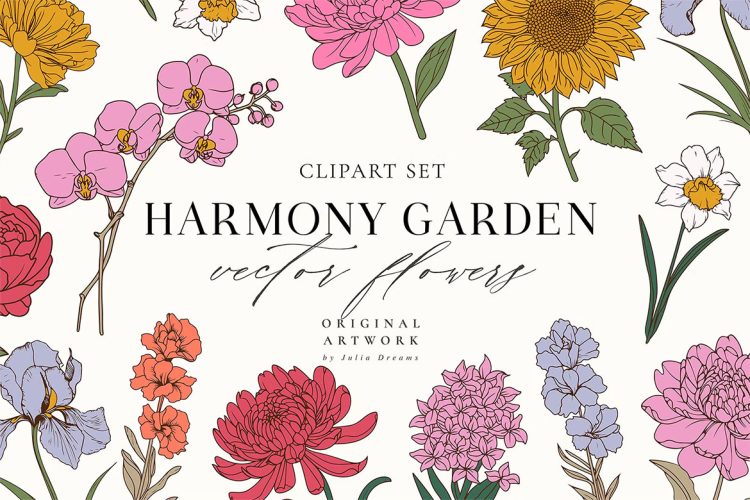 Harmony Garden Flowers SVG Clipart Set 手绘自然花朵花卉剪切画矢量插图插画设计素材