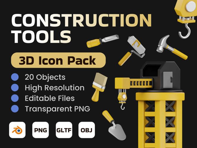 Construction Tool 3D Icon Pack  20款建筑工地施工设备主题3D图标icon设计素材