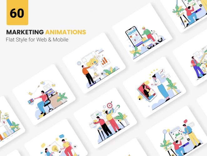 Digital Marketing Animations – Flat Concept  60幅卡通扁平风用户需求场景数据分析营销总结矢量动态插图插画图片设计素材