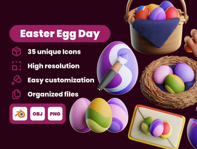 Easter Egg Day 3D Illustration Pack  35款复活节彩蛋3D图标icon设计素材png免抠图片