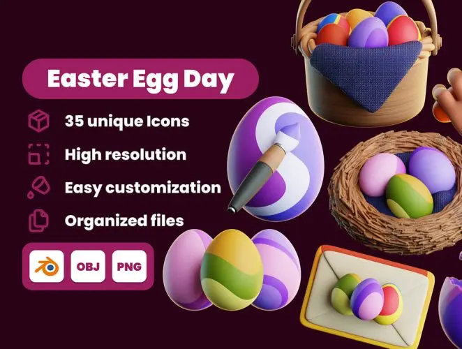 Easter Egg Day 3D Illustration Pack 35款复活节彩蛋3D图标icon设计素材webp免抠图片