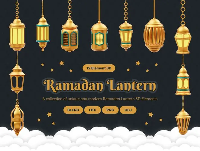 Golden Ramadan Lantern Ornament Decoration  12款金色伊斯兰斋月节日彩灯装饰3D插图插画webp免抠图设计素材