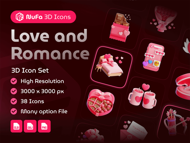 Love and Romance 3D Icon Set  38款情人节日送礼表白示爱元素3D图标icon素材png免抠图片