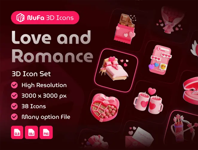 Love and Romance 3D Icon Set  38款情人节日送礼表白示爱元素3D图标icon素材webp免抠图片