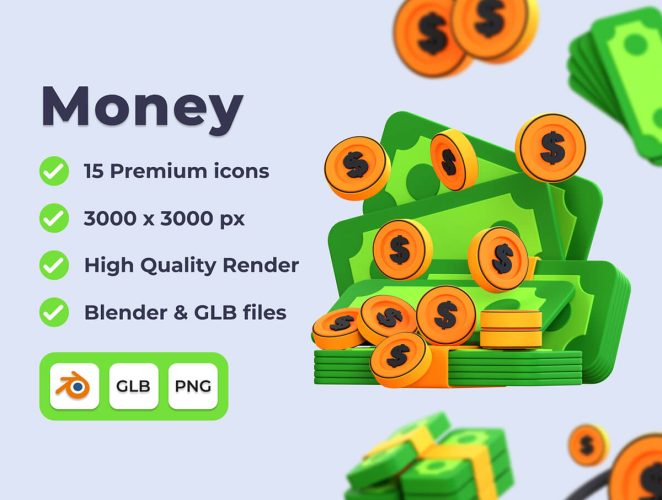 Money 3D 3D Illustration Pack 金钱纸币金币硬币金融理财主题元素3D插图插画图片png免抠图设计素材