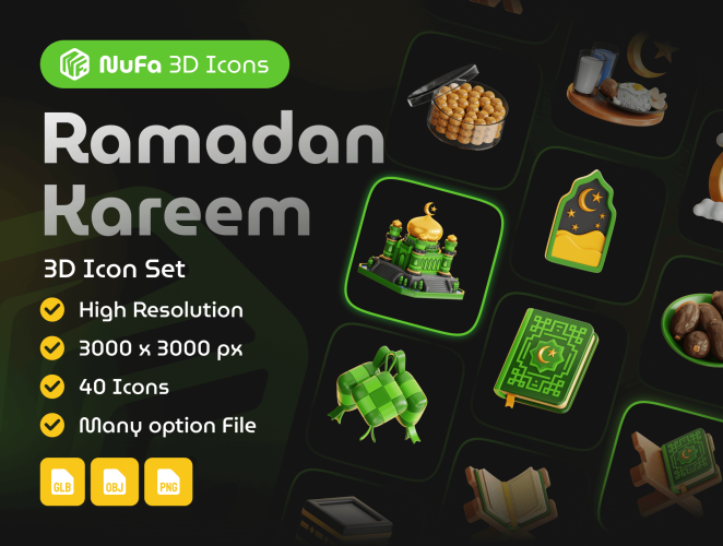 Ramadan Kareem 3d Icon Set  40款伊斯兰斋月节庆典装饰元素3D图标icon设计素材png免抠图片