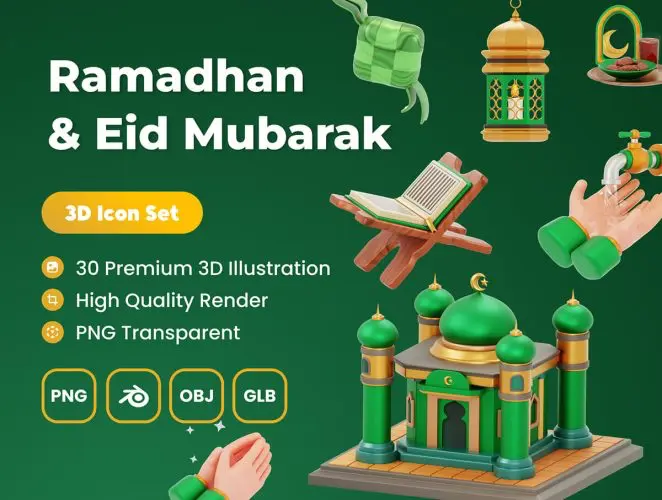 Ramadhan & Eid Mubarak 3D Asset  30款斋月开斋节穆巴拉克大尔德广告海报元素3D图标icon素材webp免抠图