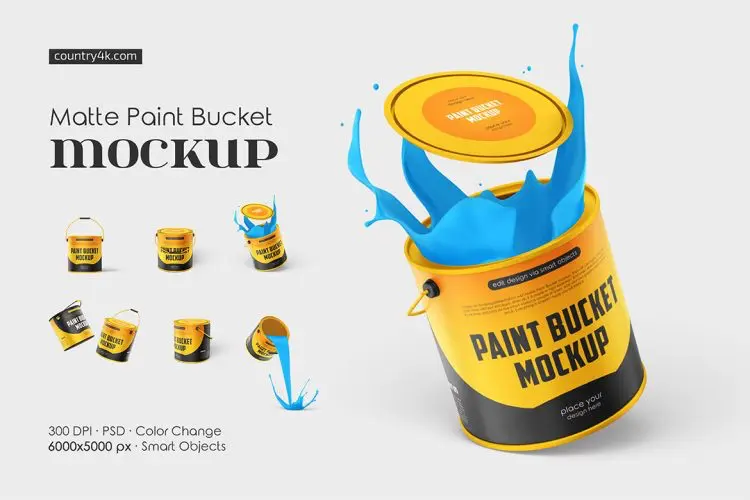 Matte Paint Bucket Mockup Set 金属油漆桶罐模型品牌包装设计贴图ps样机素材