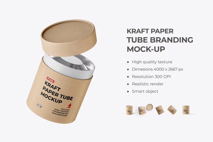 Kraft Paper Tube Branding Mockup 圆筒牛皮纸茶叶罐子模型品牌包装设计贴图ps样机素材