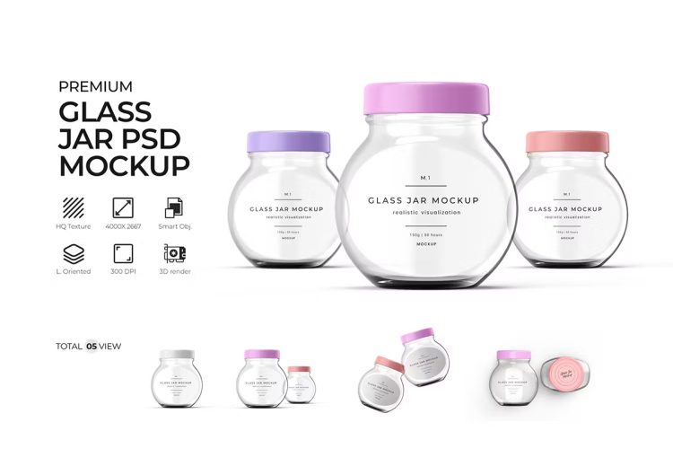 Transparent Glass jar PSD Mockup 透明玻璃瓶储存罐模型品牌logo标识设计贴图ps包装样机素材