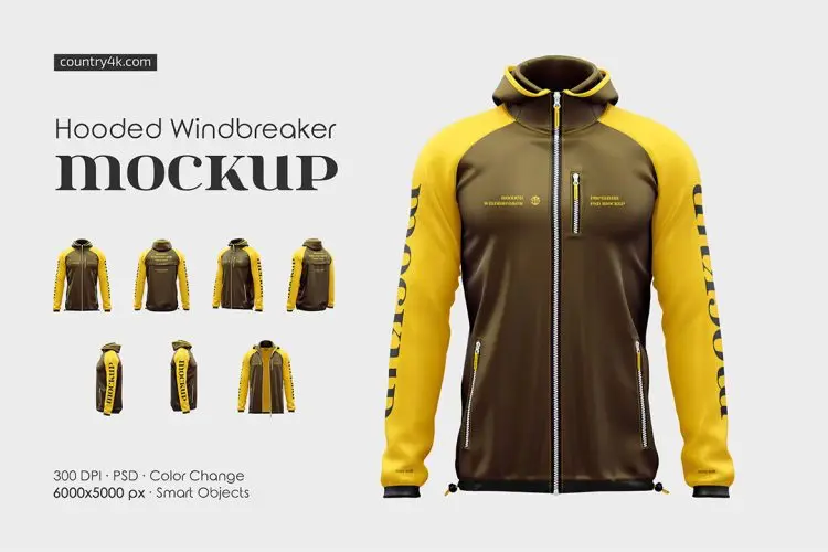 Hooded Windbreaker Mockup Set 连帽长袖运动风衣夹克服装模型品牌logo标识印花设计贴图ps样机素材
