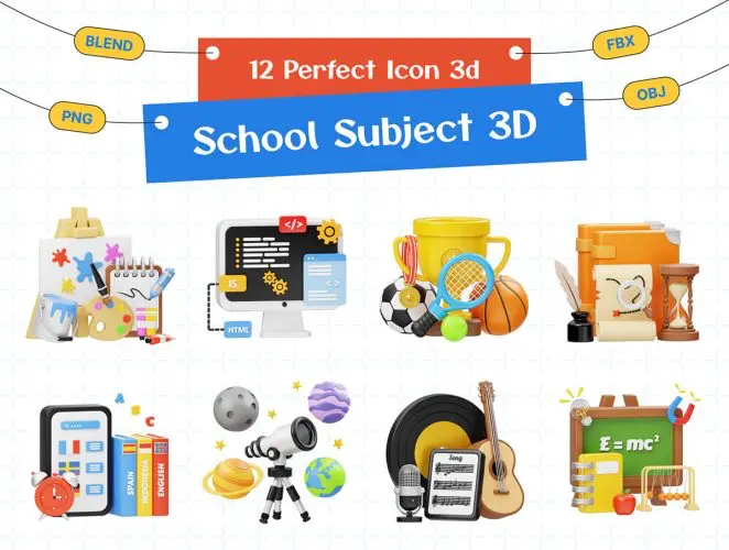 School Subject 3D Icon Set  3D立体卡通学校教育学习文具开学季icon图标webp免抠插画图片素材