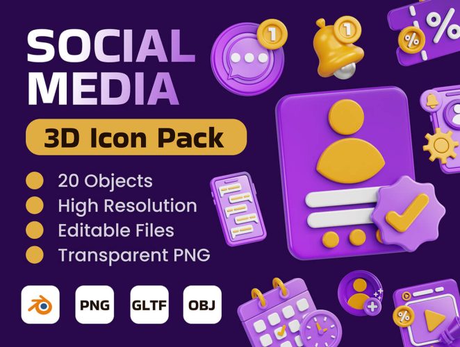 Social Media 3D Icon Pack  20款社交媒体爱心点赞喜欢3D图标icon设计素材png免抠图片