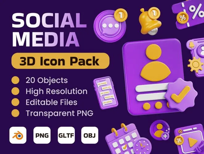Social Media 3D Icon Pack  20款社交媒体爱心点赞喜欢3D图标icon设计素材webp免抠图片