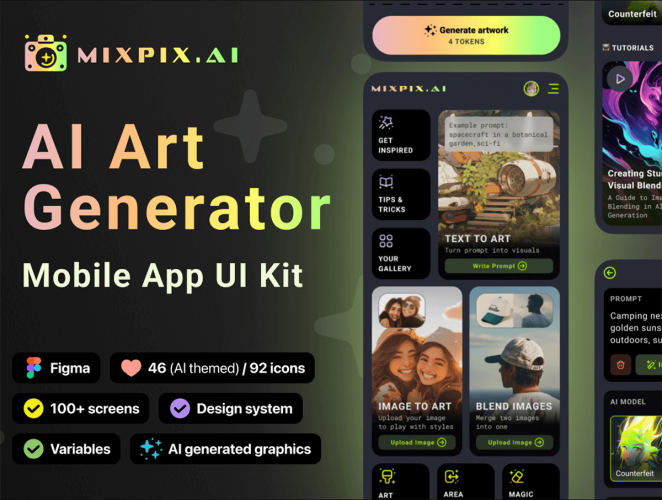 UI KIT AI Art Generator App – bento & glassmorphism style  AI人工智能艺术绘画图像编辑生成器App应用界面ui设计套件模板