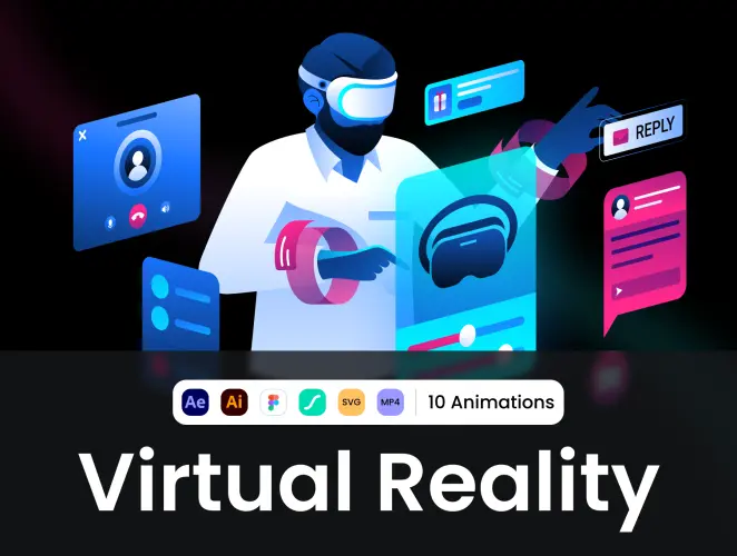 Virtual Reality Lottie Animations  10幅手绘矢量动态人物VR虚拟现实设备操作插图插画设计素材