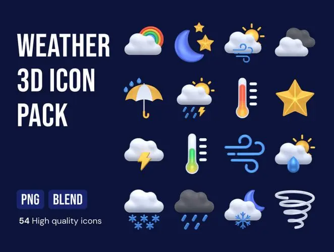 Weather 3D Pack 54个3D天气小图标icon素材PSD下载