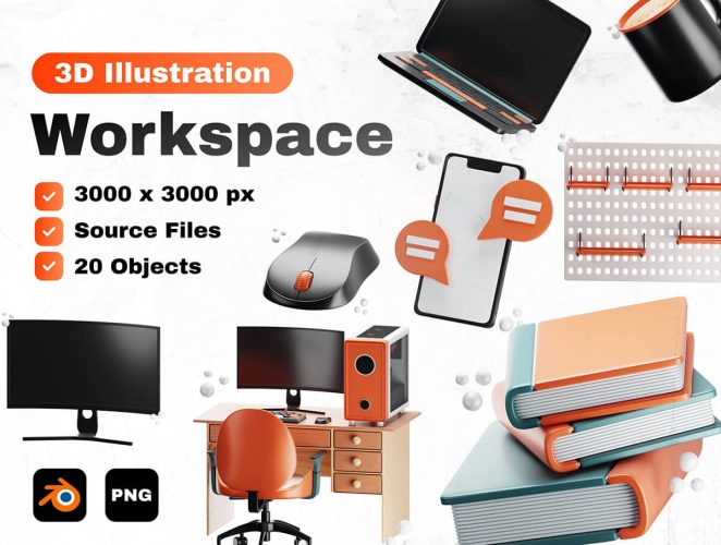 Workspace 3D Icon Set  20款3D家庭工作场景插画素材办公数码3C用品图片设计