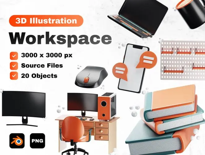 Workspace 3D Icon Set  20款3D家庭工作场景插画素材办公数码3C用品图片设计