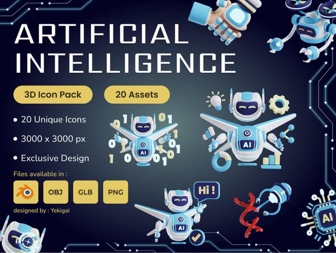 Artificial Intelligence 3D Icon Pack  20款人工智能Ai科技应用场景演示3D图标icon素材png免抠图站位插画