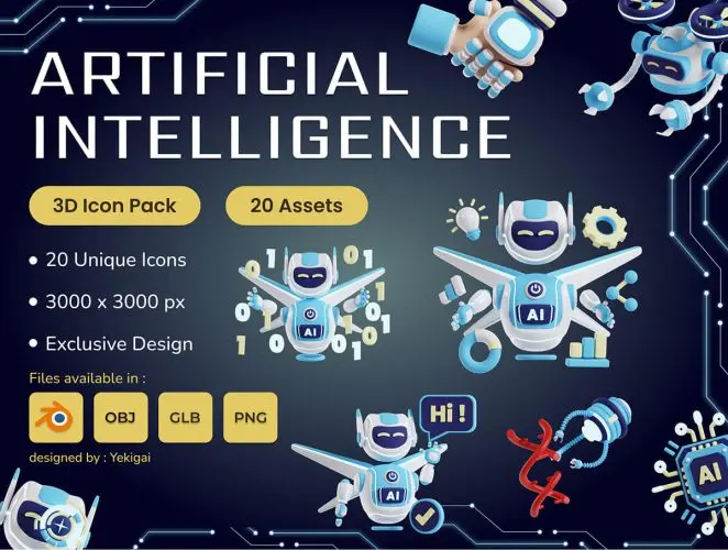 Artificial Intelligence 3D Icon Pack  20款人工智能Ai科技应用场景演示3D图标icon素材webp免抠图站位插画
