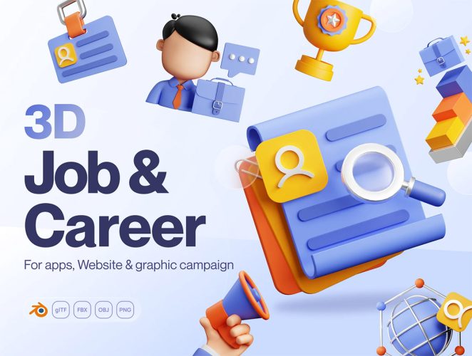 Hirely – 3D Job & Career Icon Set 高清创意卡通办公用品3D模型图标icon设计sketch素材模板